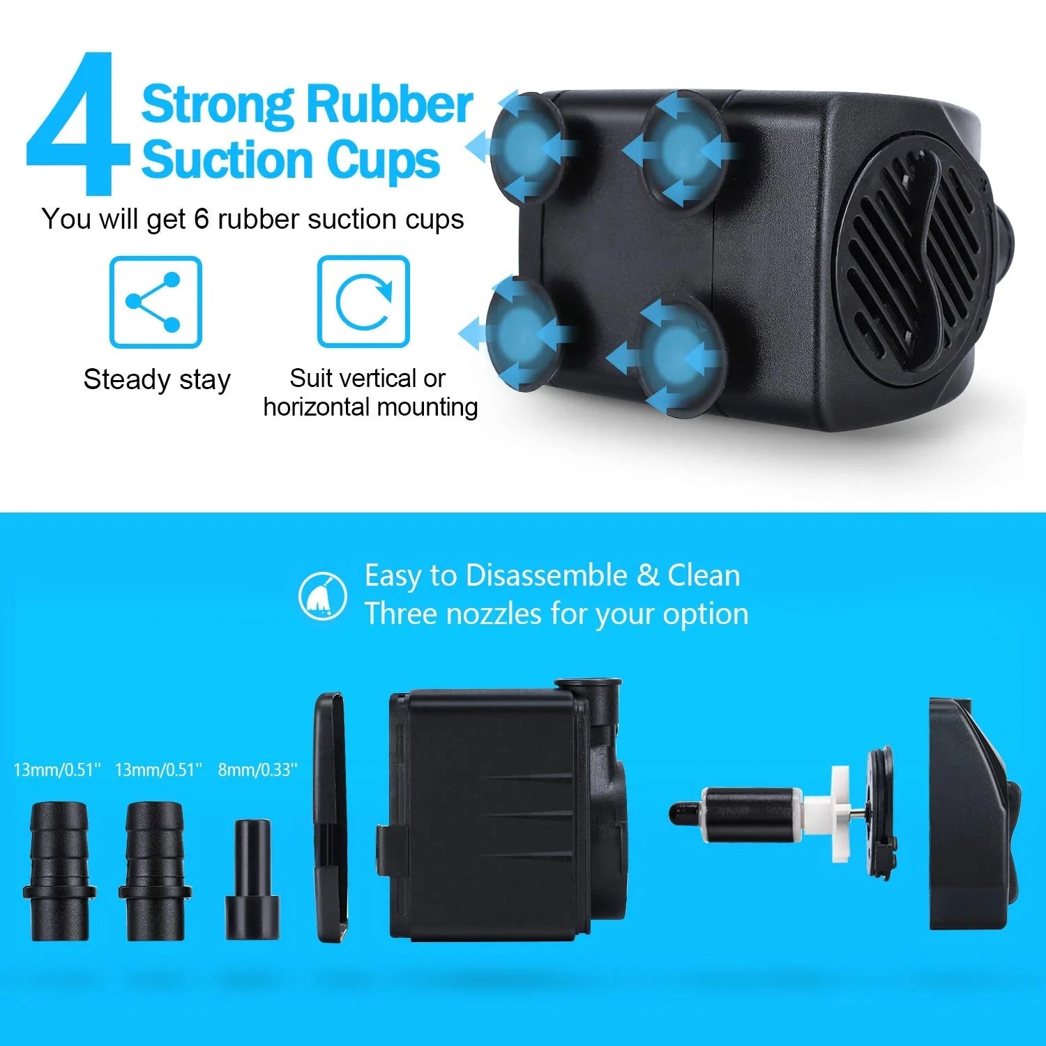 Pompe à eau pour fontaine 25W, débit 1500L/h, hauteur de refoulement 2m, 2 buses, convient aux aquariums, bassins, étangs et piscines. - 4