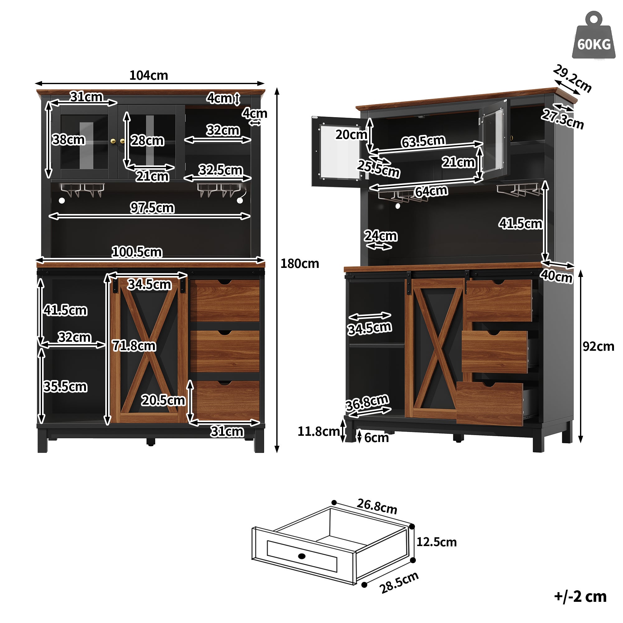 Buffet de cuisine haut avec 3 portes, 3 tiroirs et compartiments - 104 x 40 x 180 cm - MDF + verre - LEDs - Noir - 7