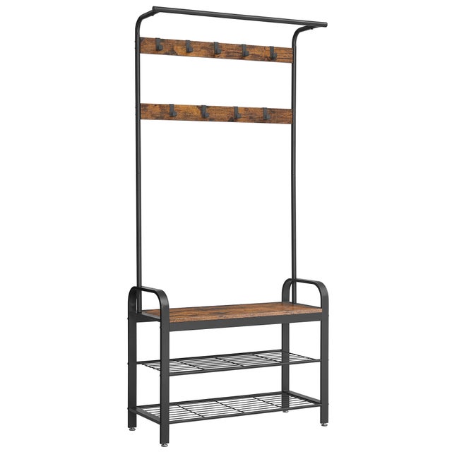 Perchero metálico con zapatero, espacio de almacenamiento adicional, ideal para entrada o habitación, 72x33,7x183 cm, marrón rústico