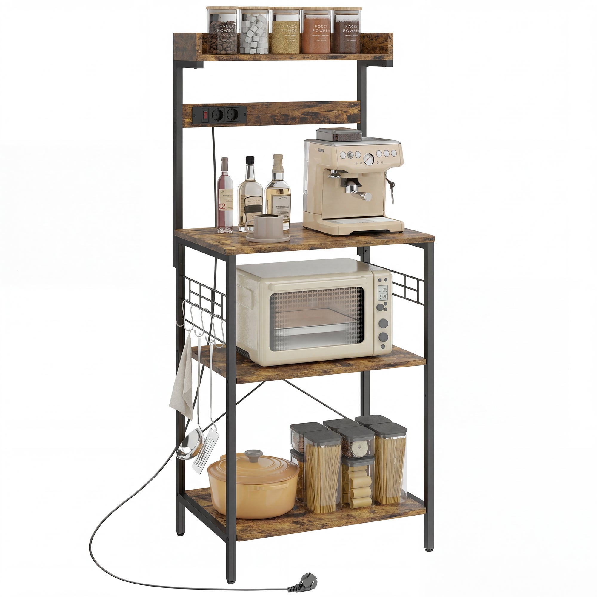 Estantería de cocina con 2 tomacorrientes estante para microondas estante ajustable ganchos 60x42x137 cm marrón rústico