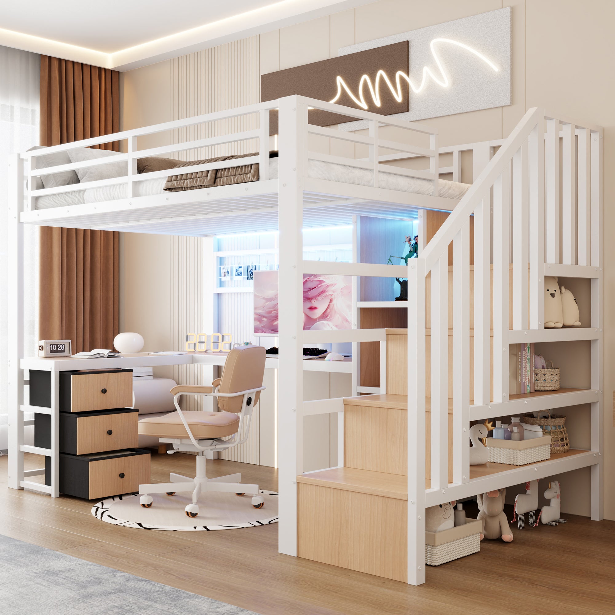 Lit mezzanine 90 x 200 cm avec bureau intégré, Lit simple structure en fer avec penderie LED, 4 tiroirs et escalier de rangement, sans matelas, Blanc - 2