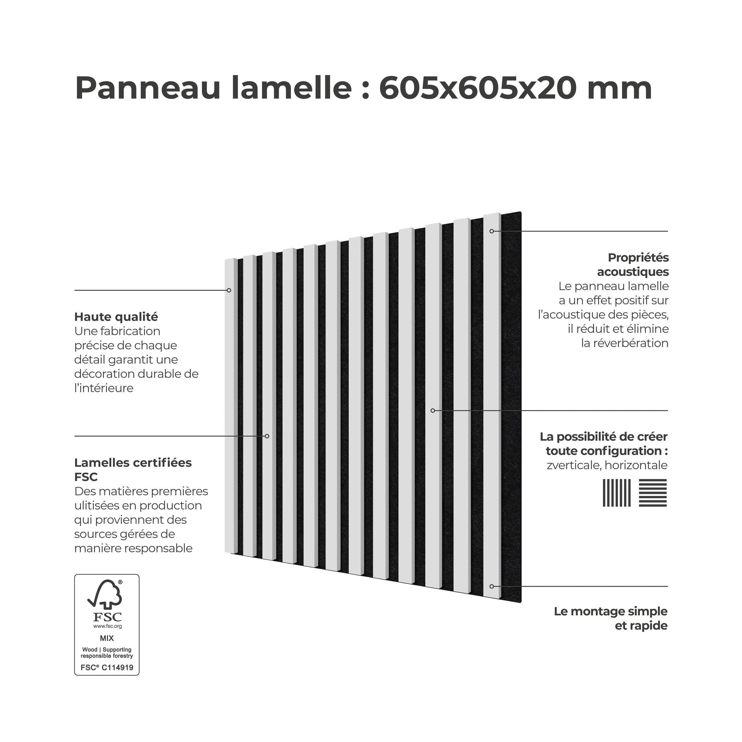 Panneau Tasseau Acoustique effet tasseau bois en feutre 605mm x 605mm blanc sur noir Linea Proline Stegu - 4