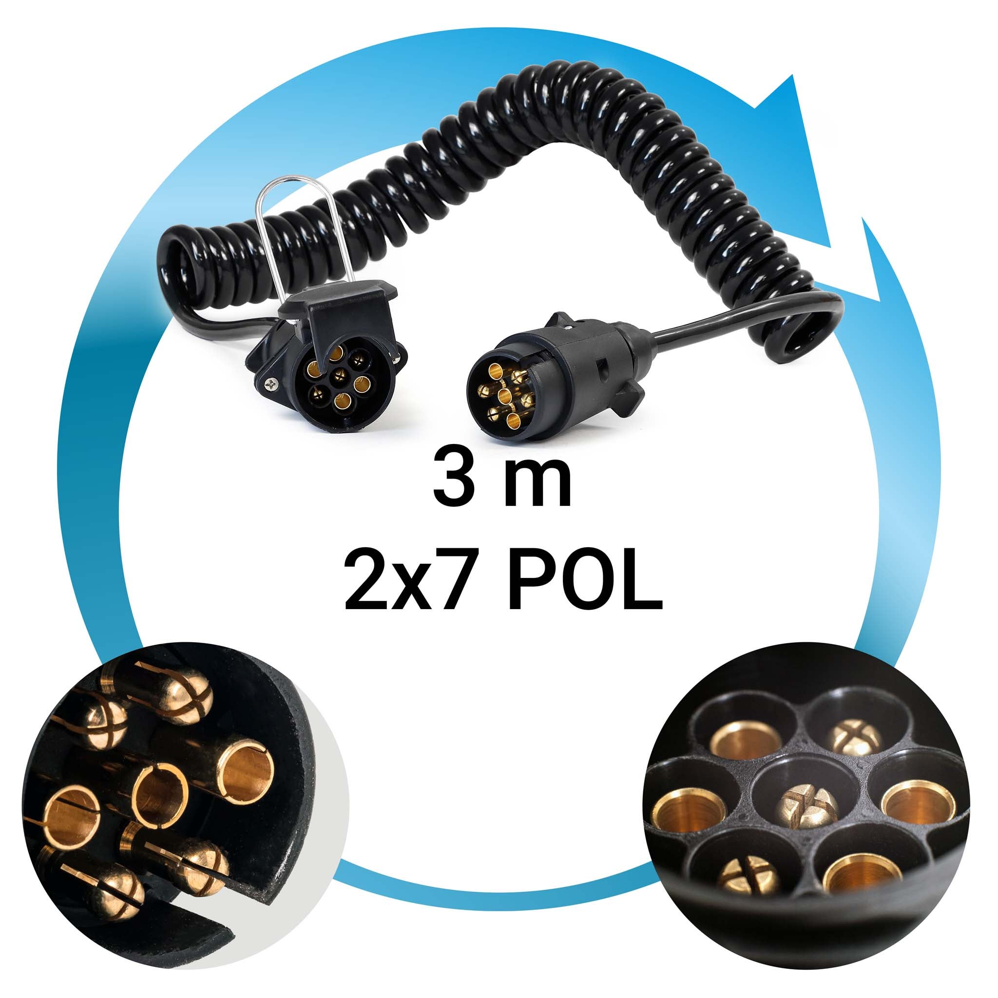 Câble de rallonge électrique spiralé – 3 m – 2 fiches – 7 broches – Feux de camping car et remorque – Feu arrière, clignotants, Wiltec - 5