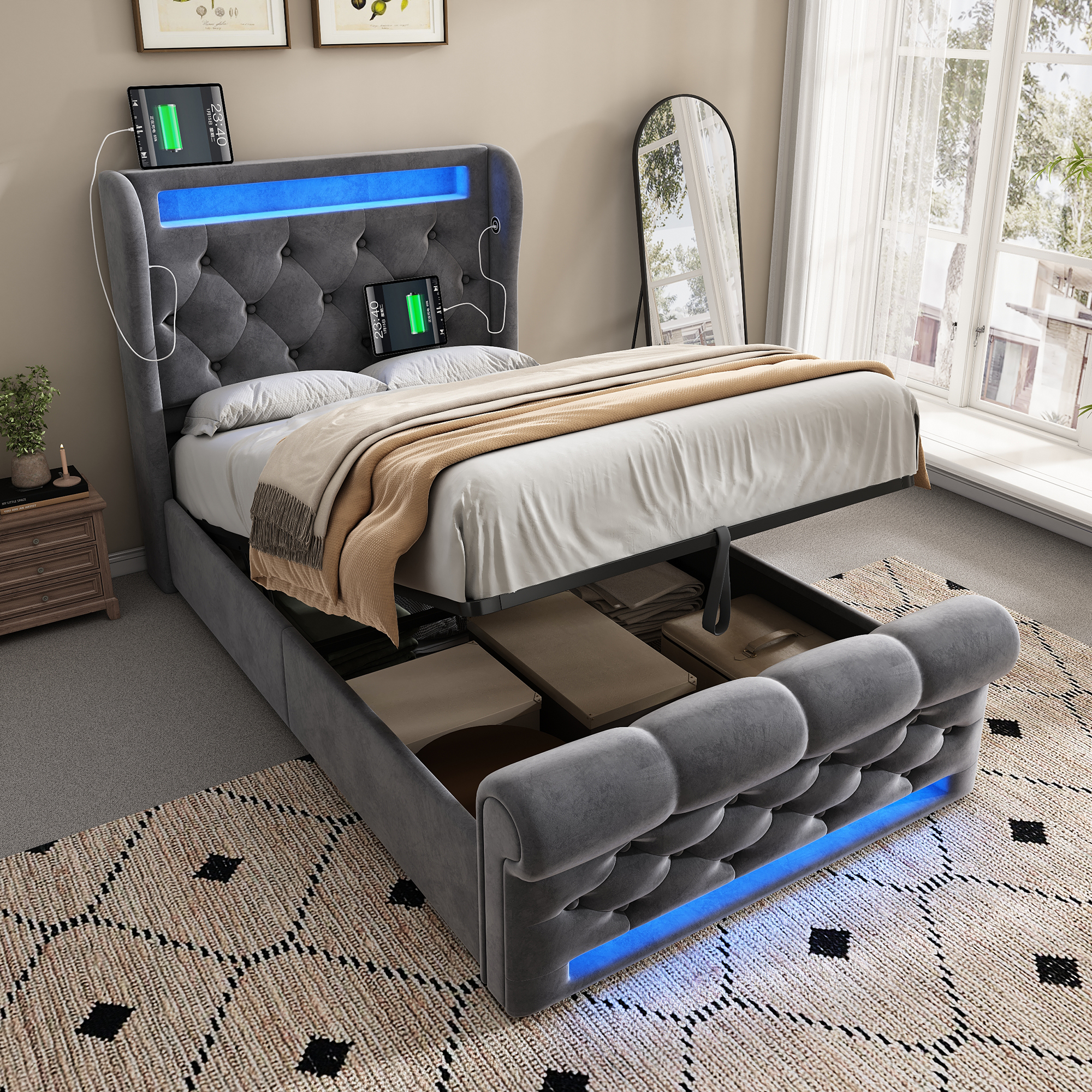 Letto 90 x 200 cm con LED e USB, 90 x 200 cm, con 2 cassetti