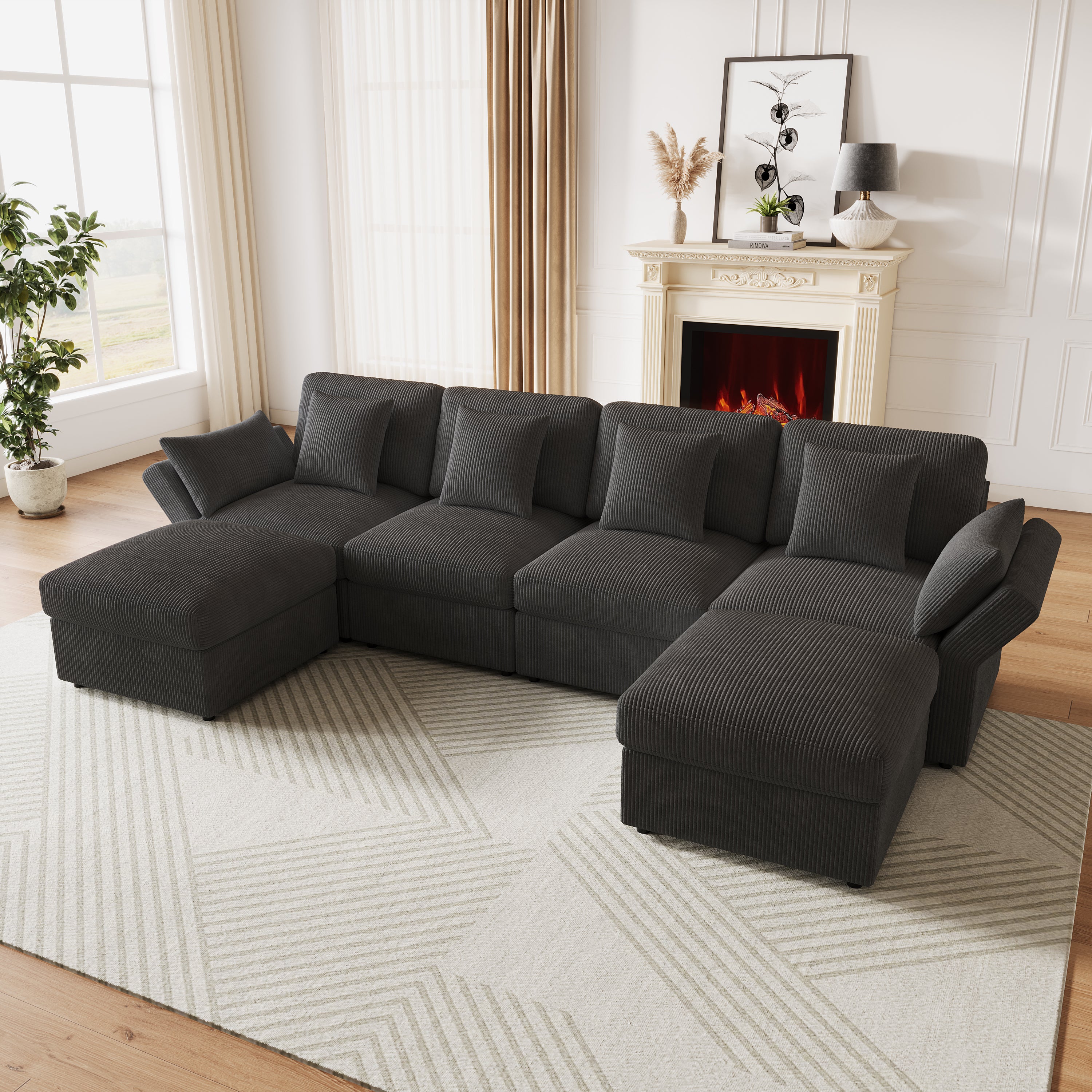 Narożnik 4-osobowy z regulowanymi podłokietnikami i 2 wyjmowanymi pufami - 290 x 159,5 x 89 cm - Tkanina sztruksowa - Szary - 5