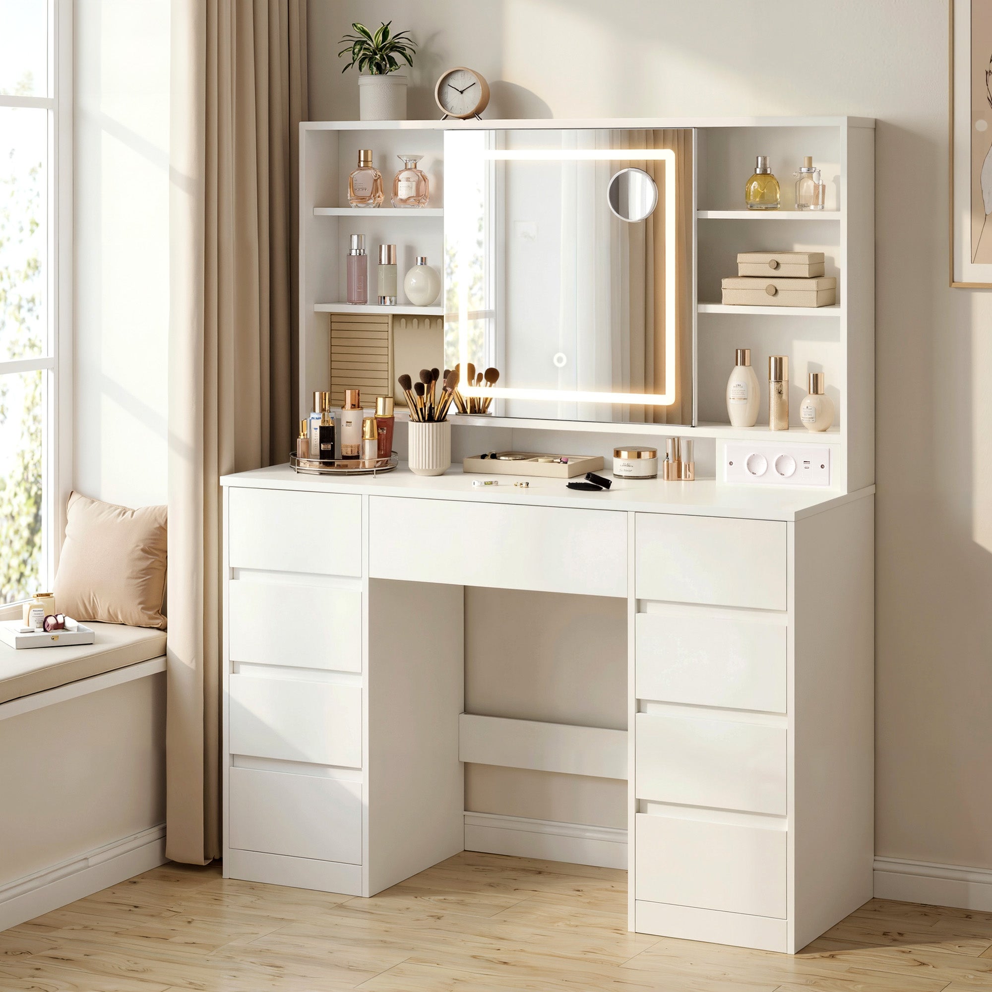 Coiffeuse avec Miroir LED, Multiprise, 9 Tiroirs, Loupe 10x, Rangement Bijoux, Éclairage 3 Couleurs, Installation des Rails sans Outils, Blanc Nuage - 5