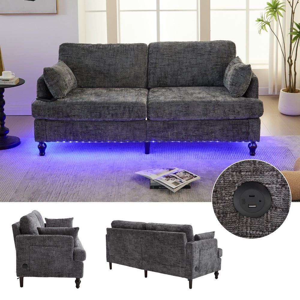 Sofa 2-osobowa, szenilowa, z nogami drewnianymi, LED, USB, kieszonka na drobiazgi, beżowa
