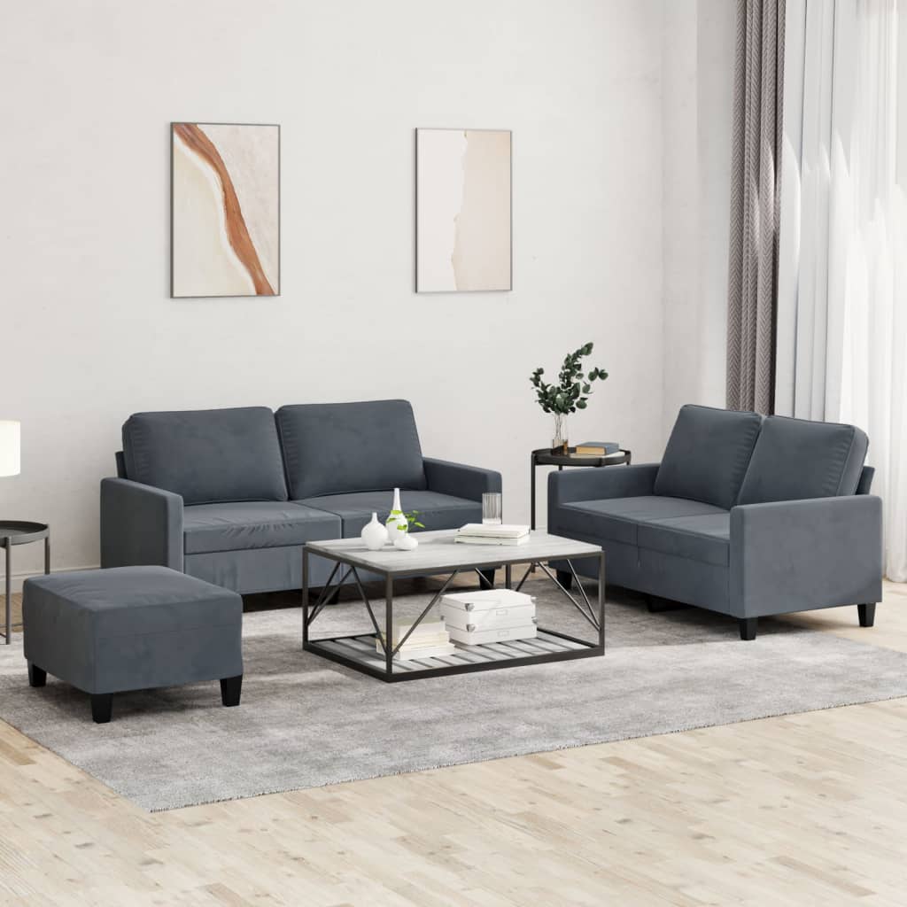 Ensemble Canapé 3 Pièces VidaXL - Tissu Velours Gris Foncé - Neuf Avec Coussins