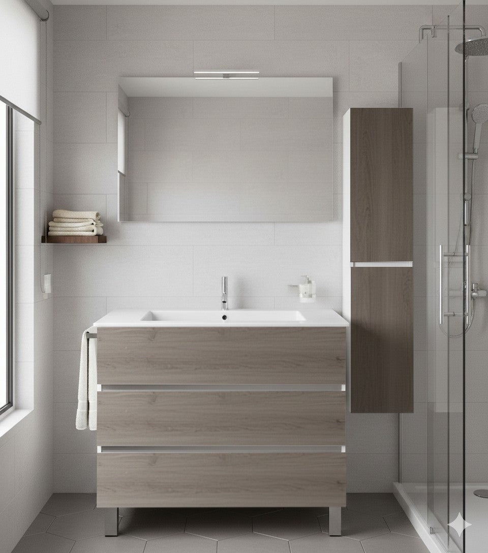 Set Mobilier de baie BALDER Gata Asamblat 3 sertare cu picioare, lavoar și oglindă Combi 70x45 cm cu dulap coloană