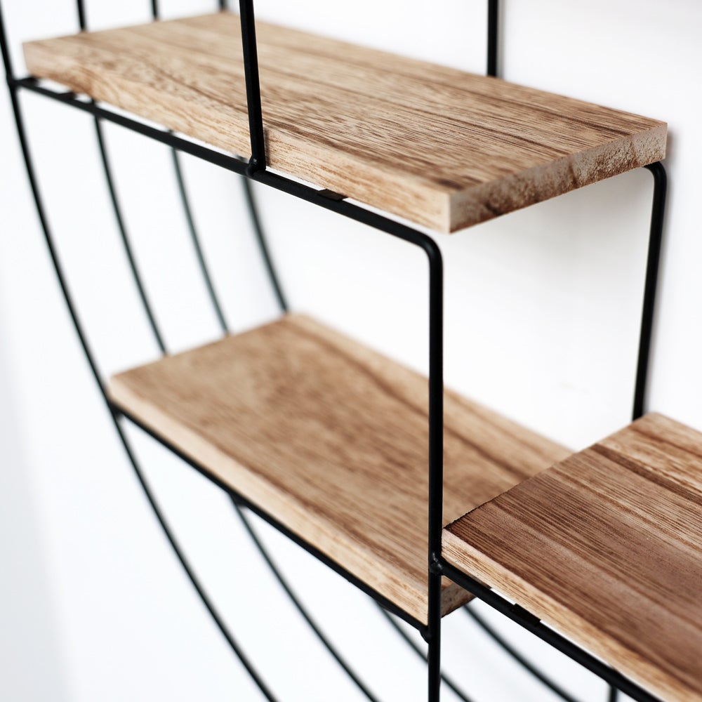 Etagère murale en métal noir - 4 planches en bois - Ronde - 50x11 cm - 4