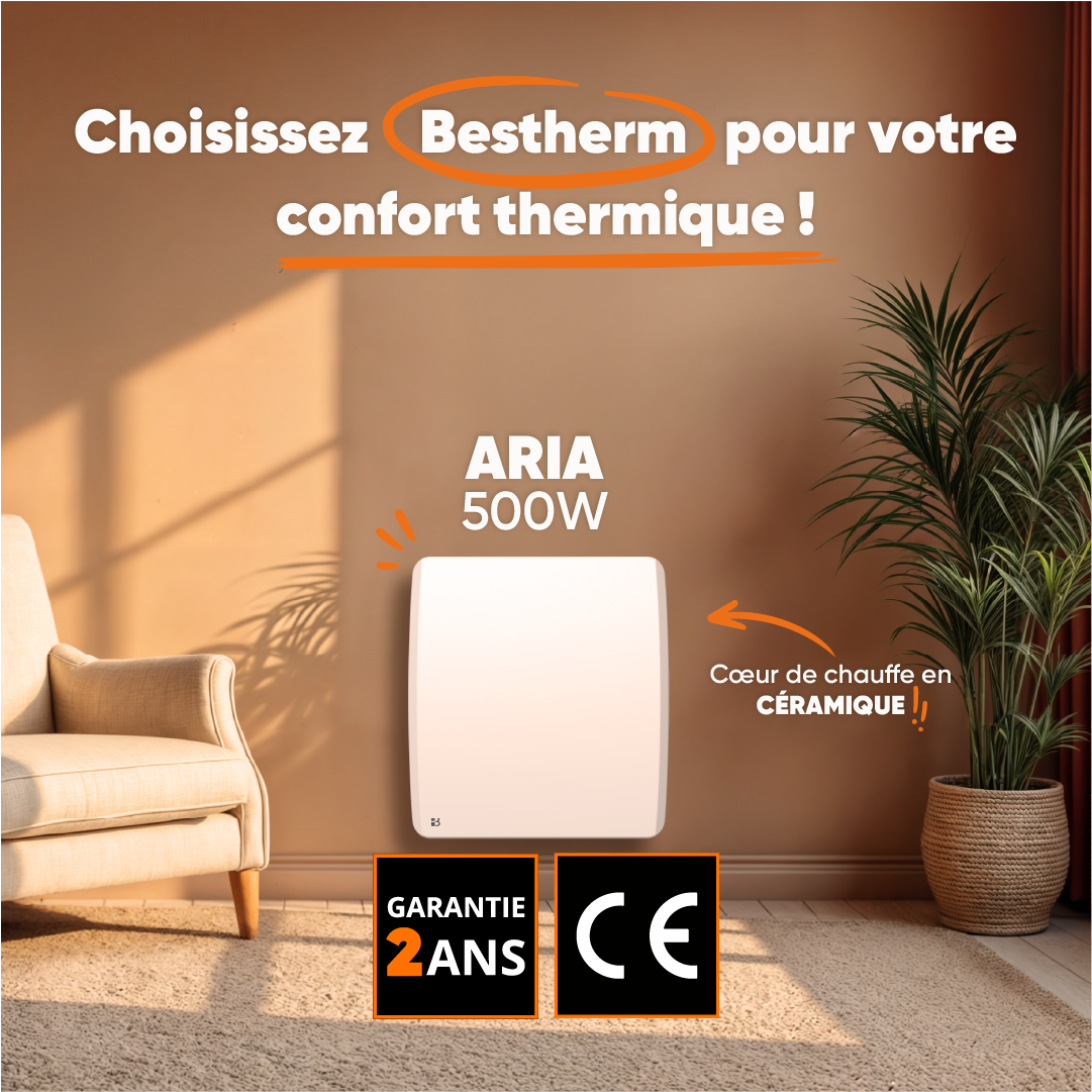 Radiateur électrique fixe à inertie sèche céramique 500W Bestherm ARIA horizontal blanc - 3