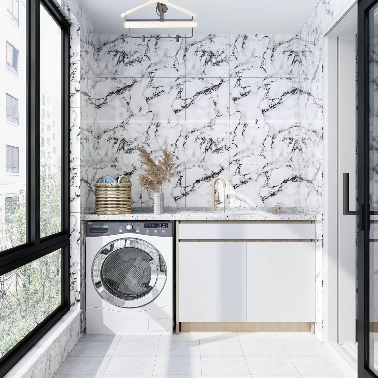 Set di 20 pannelli murali in ceramica autoadesivi e impermeabili effetto marmo, 30 x 30 cm, in PVC, adatti per bagni, cucine e soggiorni (05) - 8