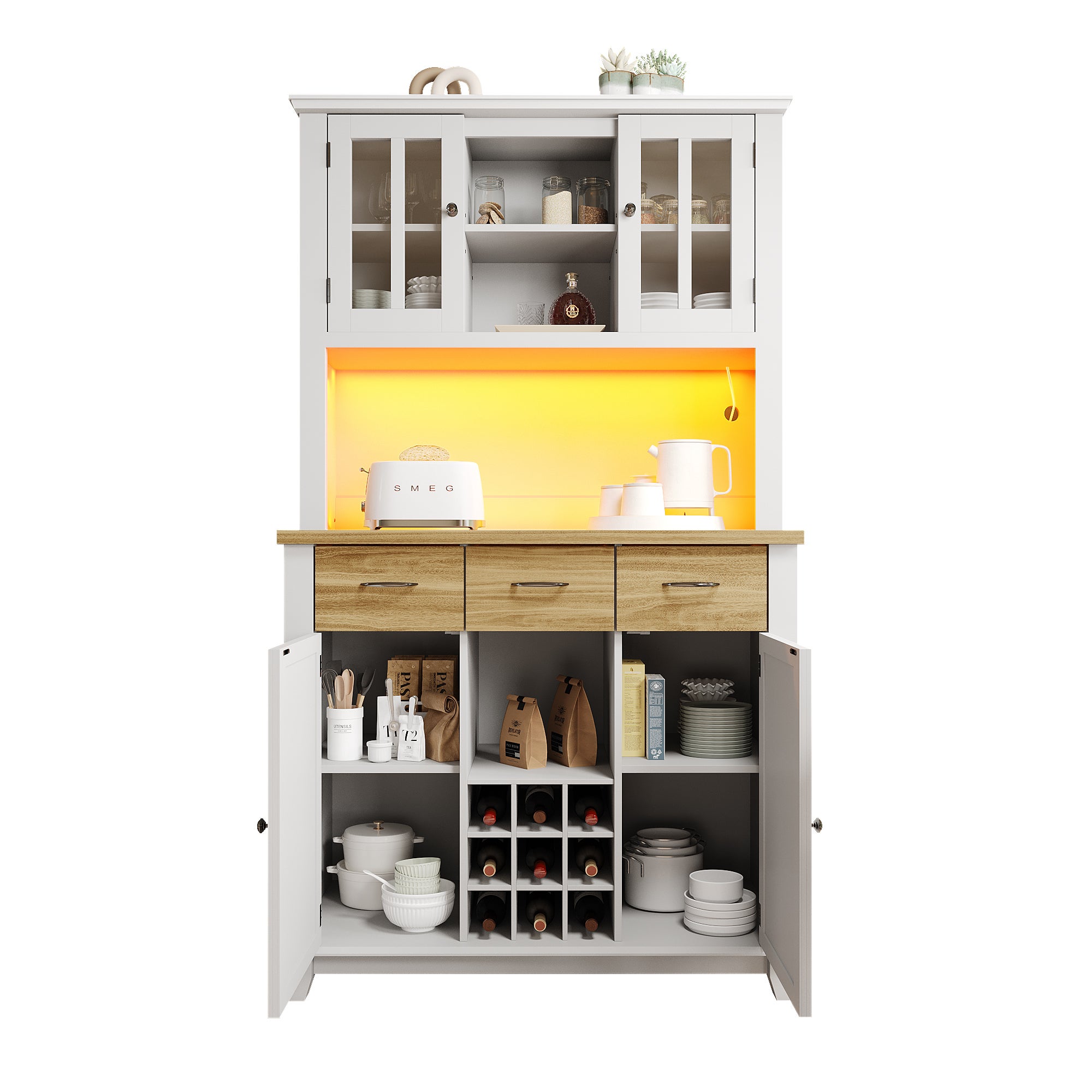 Kredens kuchenny z 4 drzwiami i 3 szufladami - 106 x 40 x 179,5 cm - Płyta MDF - Diody LED - Regulowane półki - Biały - 7
