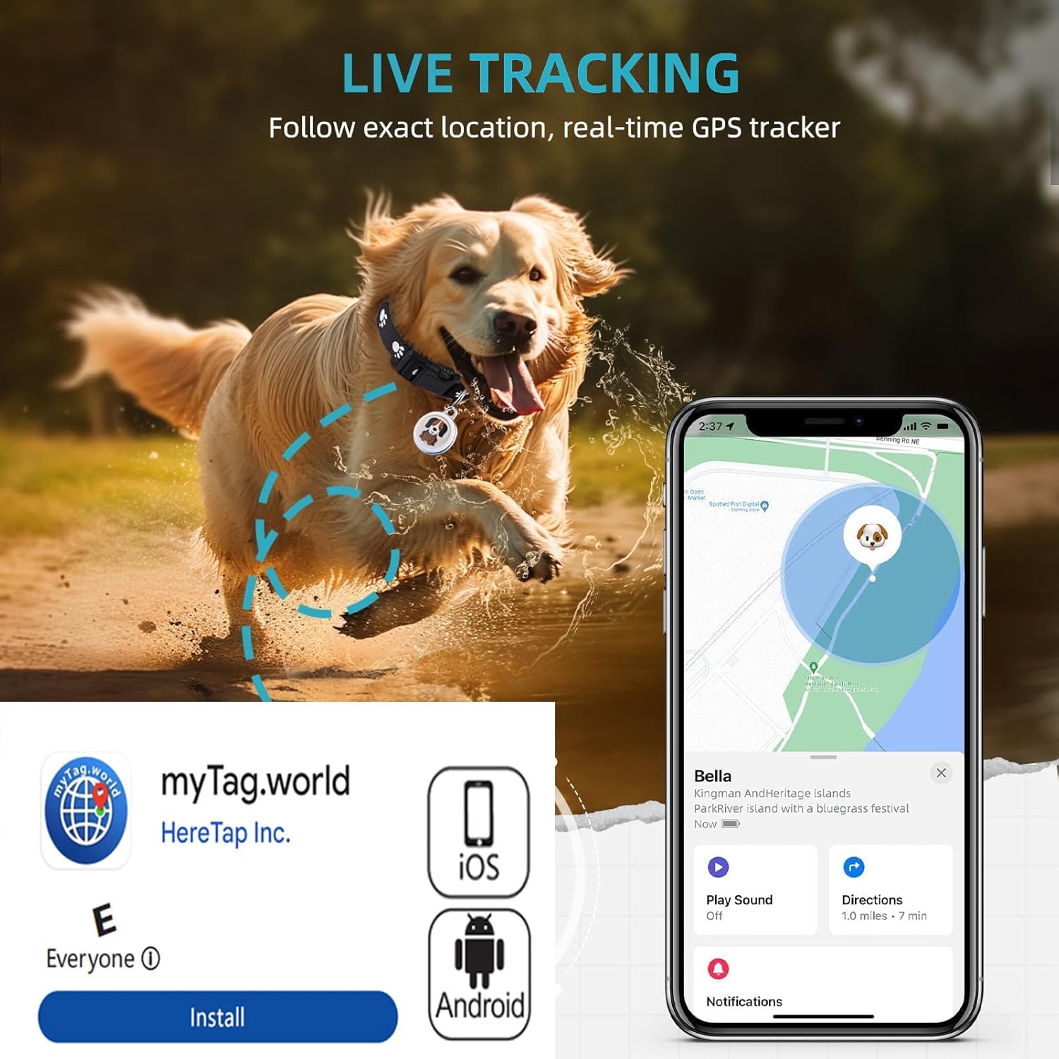 Traceur GPS spécialement conçu pour les chiens – Compatible avec Android et iOS – Sans abonnement – Étanche – Convient aux chiens et aux chats - 2