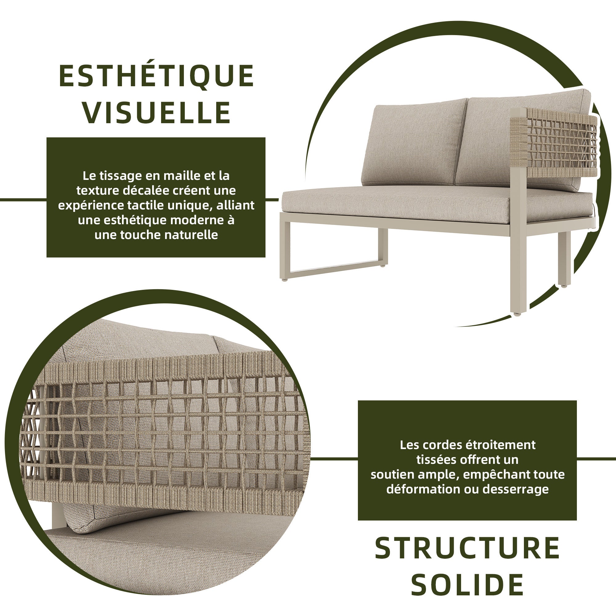 Ensemble de meubles de jardin en tressée main pour 8 à 10 personnes avec coussin, salon de jardin en métal avec canapé, table à manger, banc - beige - 6