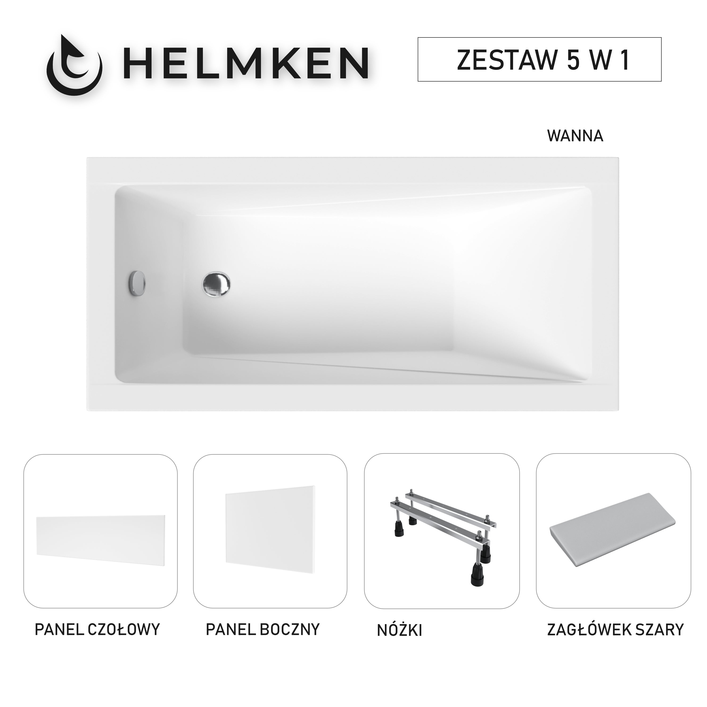 Wanna akrylowa Helmken Rivana 140 x 70 + Panel czołowy i boczny Biały + Zagłówek szary + Nóżki / 23095003ZW