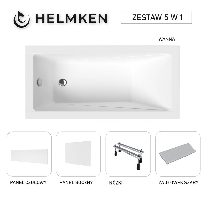 Wanna akrylowa Helmken Rivana 140 x 70 + Panel czołowy i boczny Biały + Zagłówek szary + Nóżki / 23095003ZW