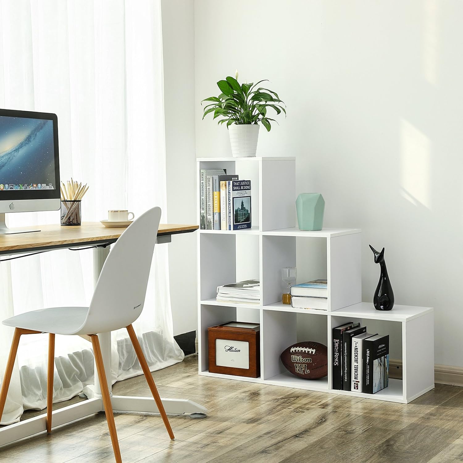 VASAGLE Bibliothèque, Étagère Escalier, Cloison Séparateur, Meuble de Rangement, 6 Compartiments, pour Bureau, Salon, Chambre, Blanc - 3