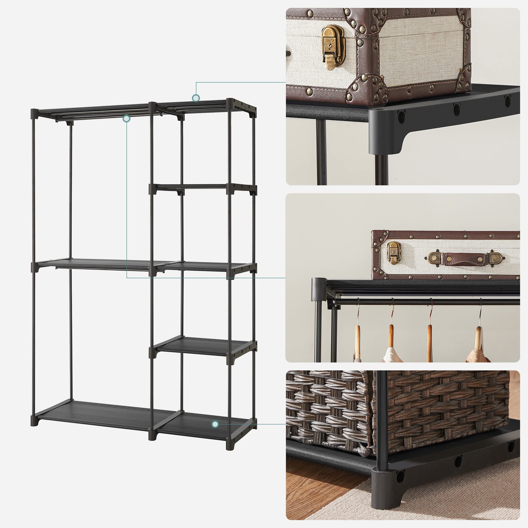 SONGMICS Armoire de Rangement, Penderie Pliable, Dressing, Armoire Métallique, avec Barres de Suspension, Porte-vêtements, 112 x 43 x 165 cm, Noir - 6