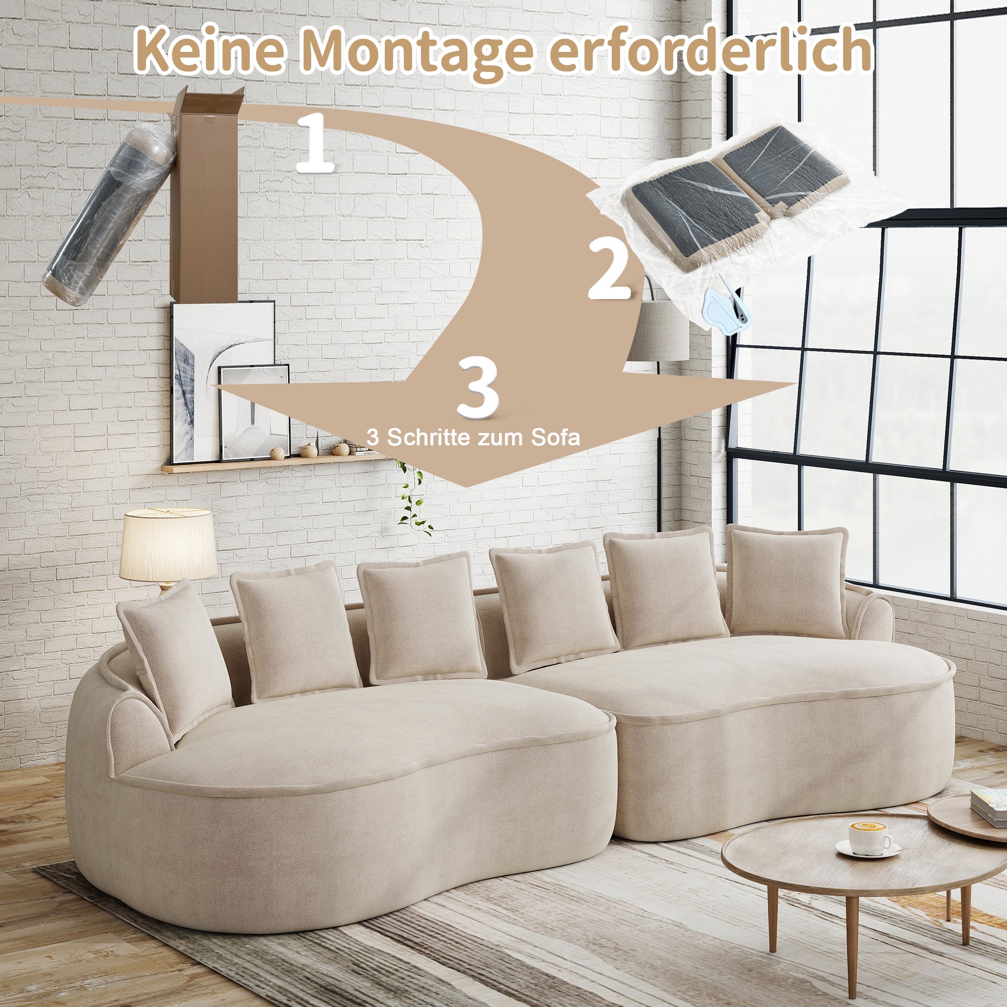 Canapé modulaire 4 places sans montage assise profonde ergonomique - coussins inclus, chenille marron clair - 2