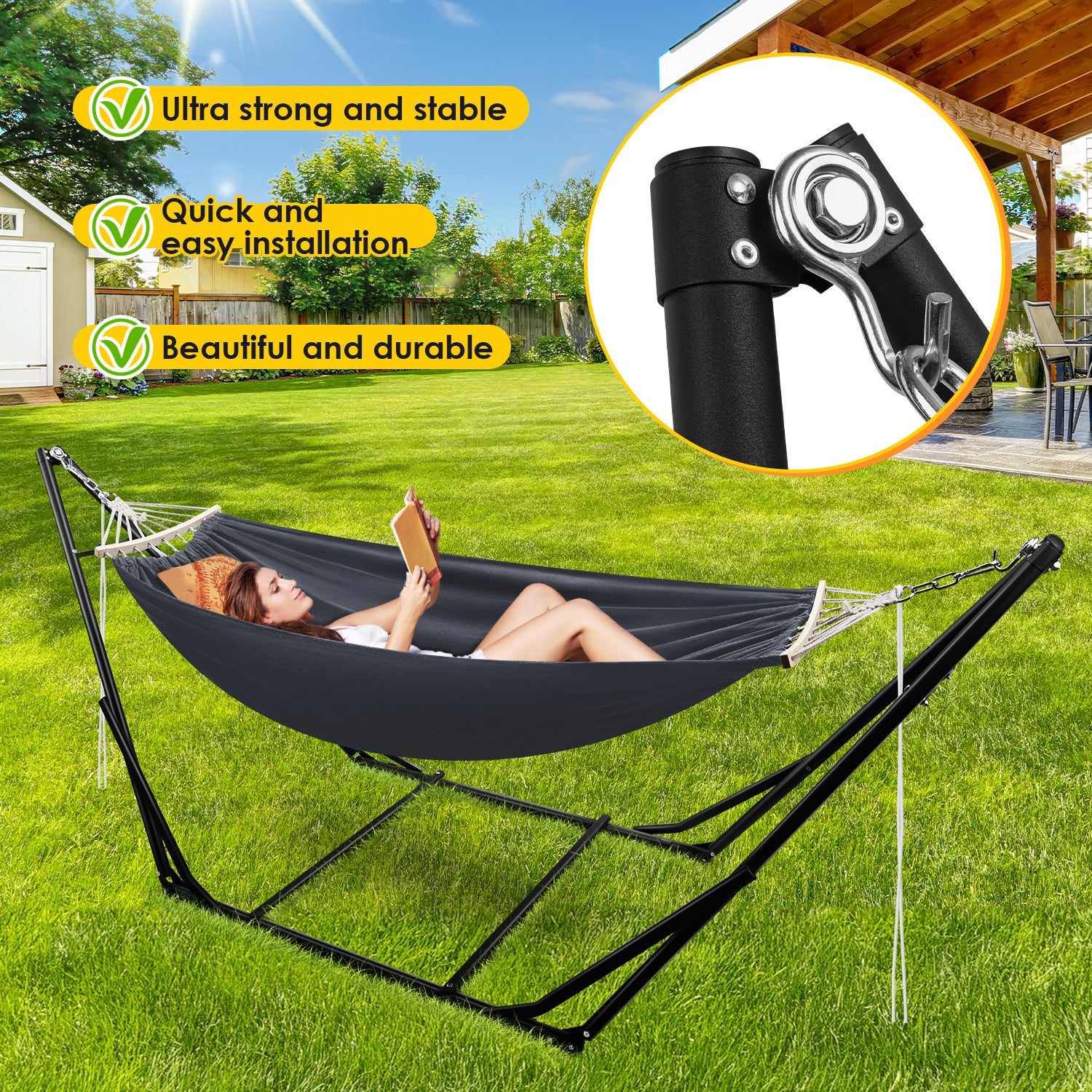Hamac avec cadre, hamacs d'extérieur, barre de hamac, chaise suspendue, gris foncé, jusqu'à 150 kg, support de hamac et toile - 6