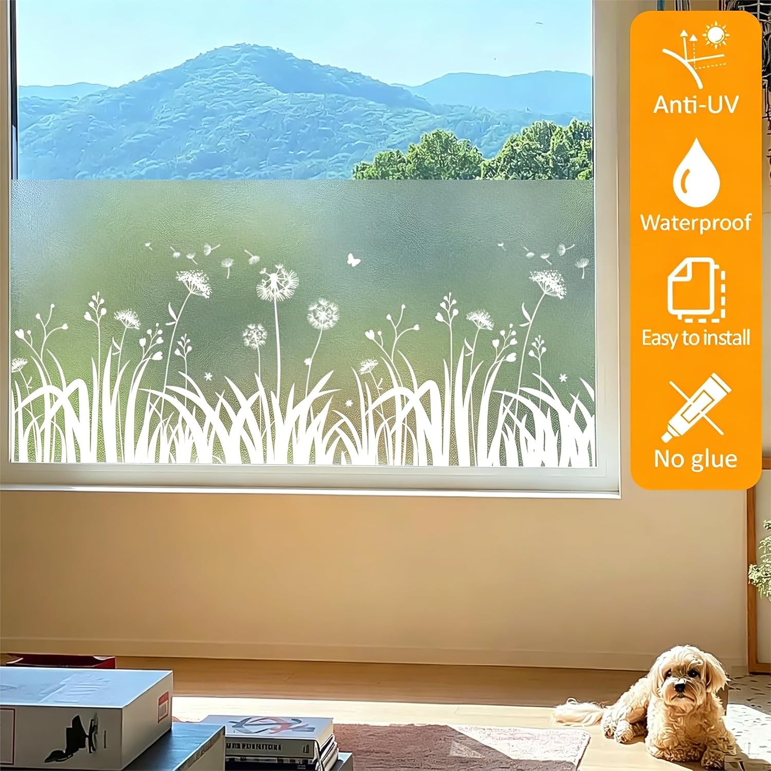 Film de protection solaire Bloss Frosted pour vitres, 60 cm x 200 cm, amovible et électrostatique, motif pissenlit, anti-UV et contrôle de la chaleur. - 3