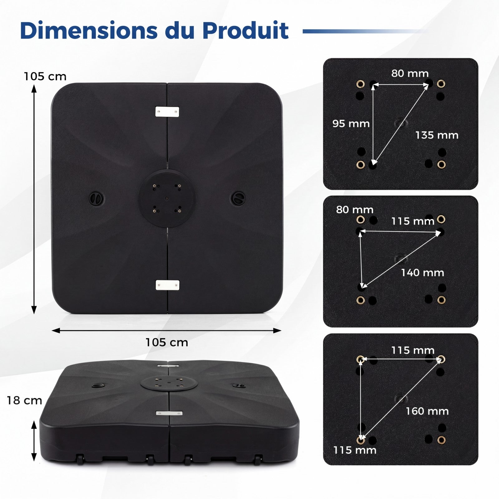 Pied de Parasol Extérieur 210KG avec Roulettes, Support de Parasol 105CM Décalé Robuste, Base Carrée Remplissable d'Eau&de Sable, Portable pour Jardin - 3