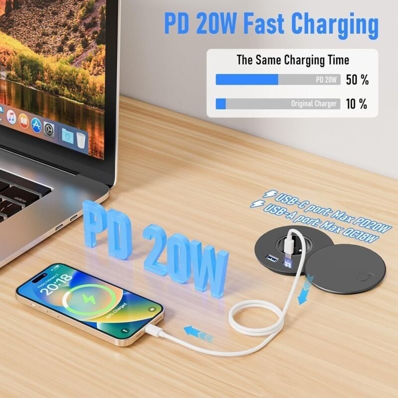 Prise encastrée avec USB-C PD 20 W, multiprise rétractable avec couvercle, ports USB A et C, câble de 1.5 m, prise de bureau noire - 3
