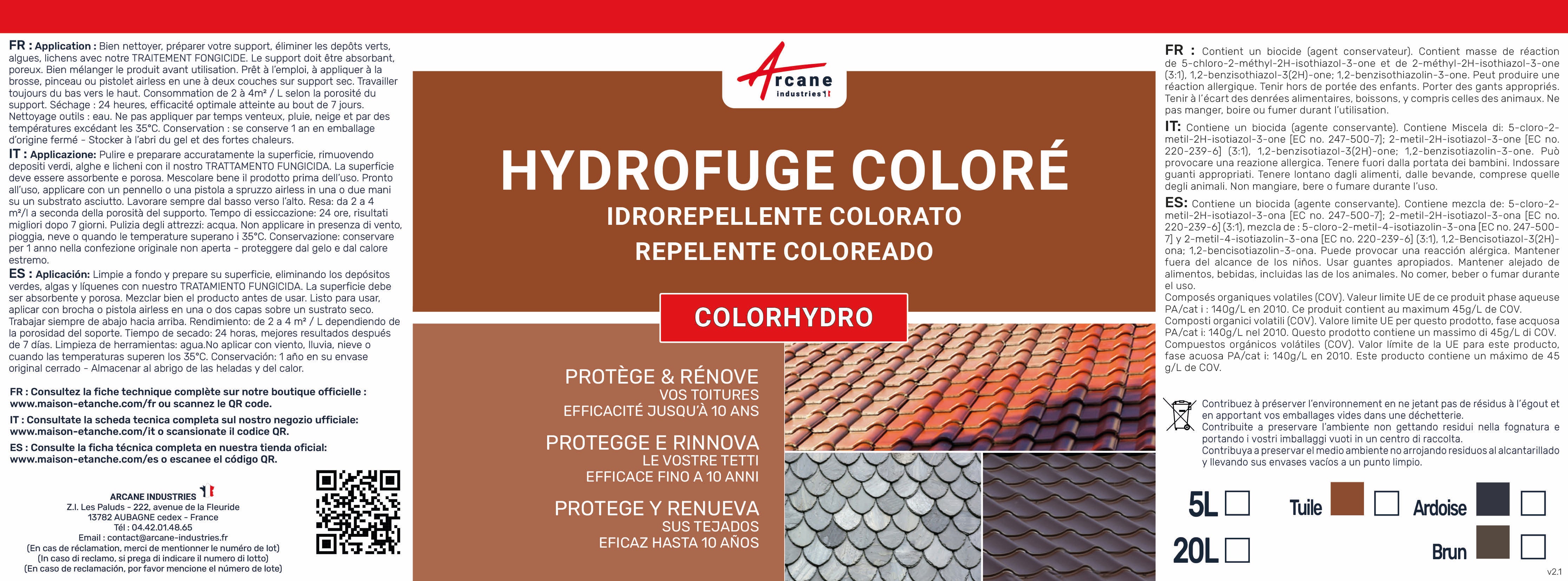 Hydrofuge Coloré Tuile et Toiture - COLORHYDRO - 20 L (jusqu à 80m²) Ardoise - RAL 9004 - ARCANE INDUSTRIES - 6