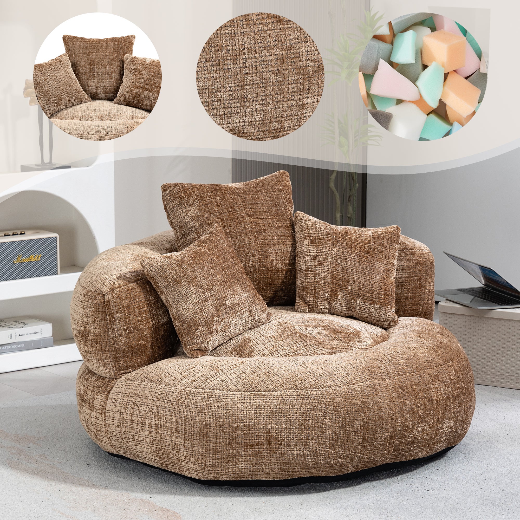 URBAN MEUBLE Pouf fauteuil rond beige en tissu chenille, bean bag confortable avec coussins pour salon et chambre - 6