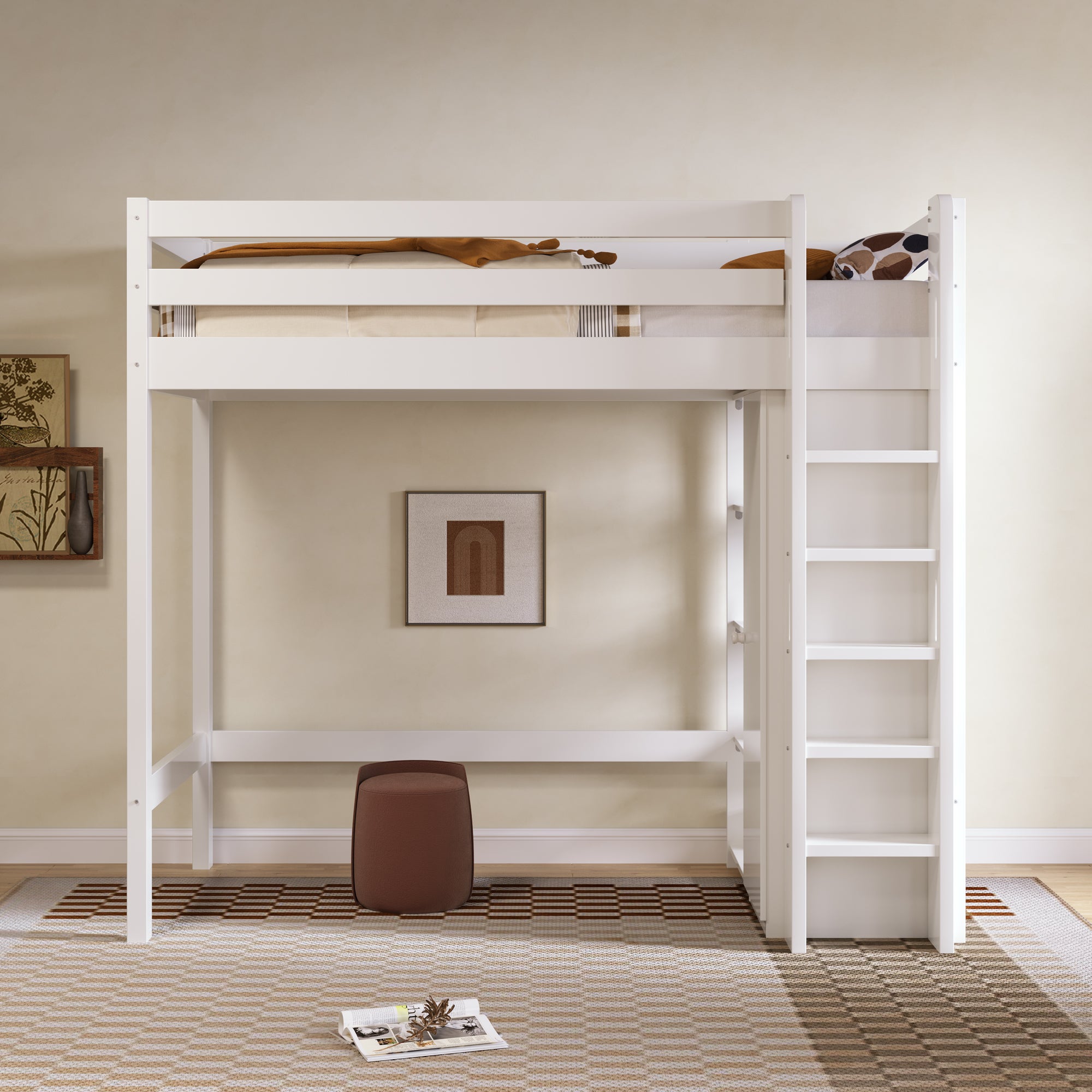 Lit mezzanine 90x200cm en bois - avec une armoire et étagères - Blanc - 2