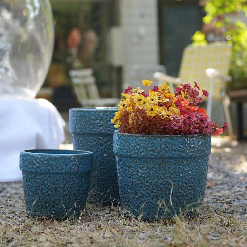 Zestaw 3 donic ceramicznych Antique Blue, ręcznie robione, okrągłe, do kwiatów domowych, sukulentów, na parapet, półkę, dekoracyjne
