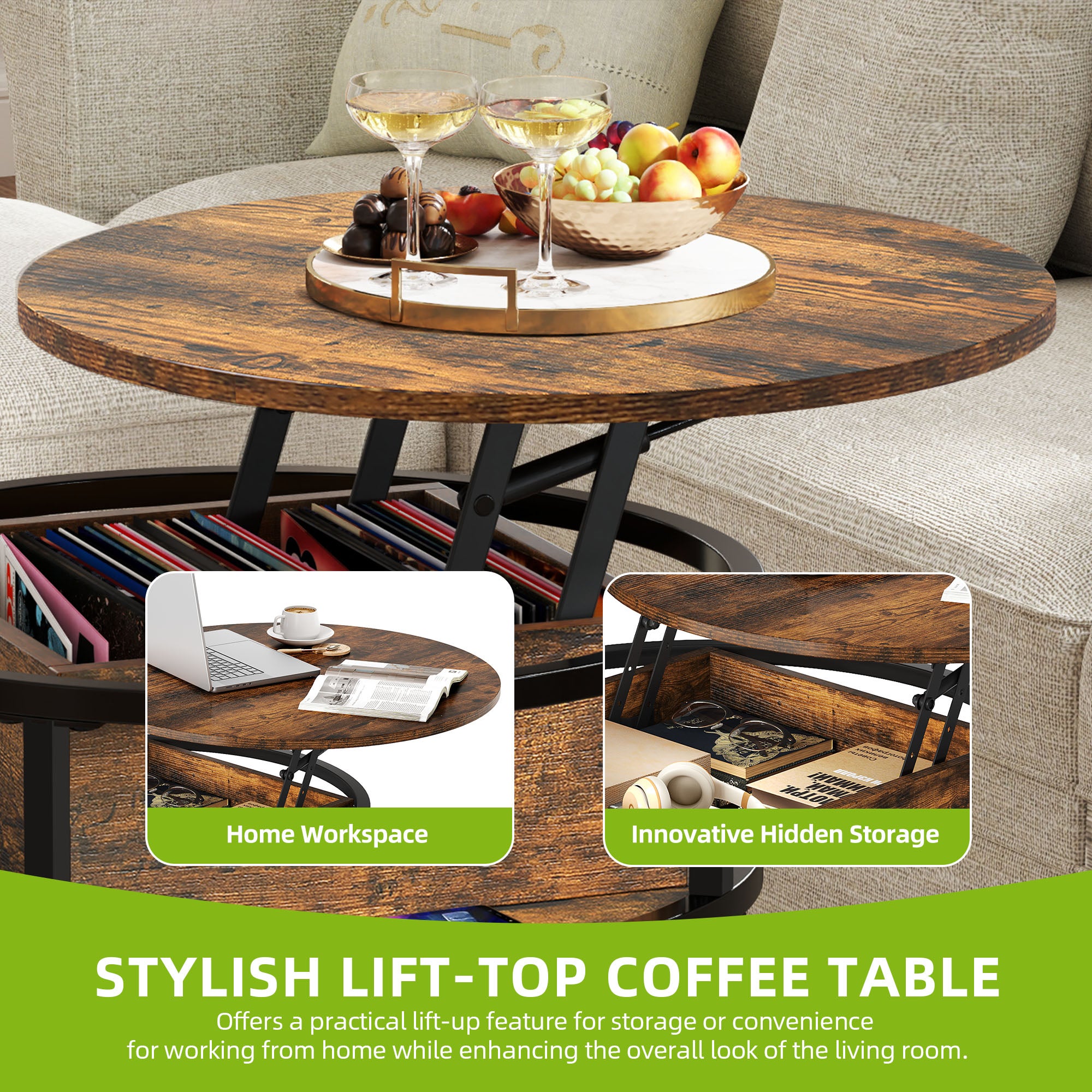 Balconera Table Basse Plateau Relevable-60x60x47cm-Marron - 7