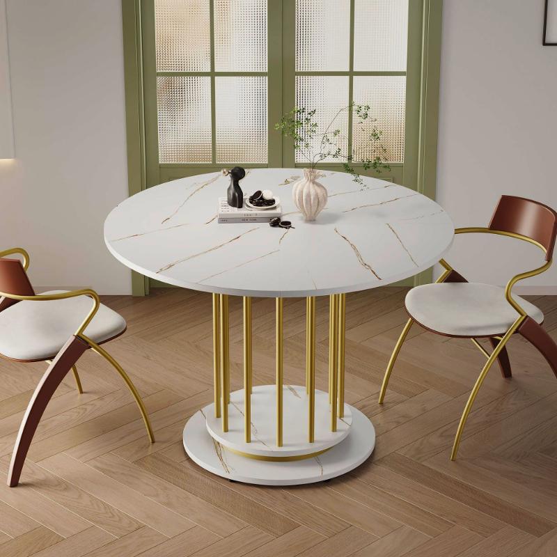 Tavolo da pranzo rotondo con effetto marmo, design moderno con struttura in metallo, tavolo da cucina salvaspazio per 2-4 persone, perfetto per sala da pranzo o soggiorno (bianco+oro