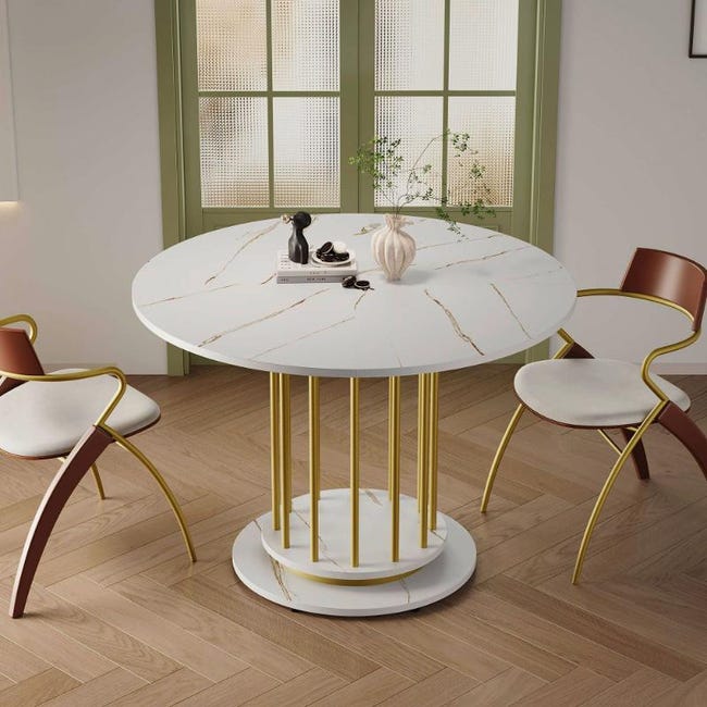 Tavolo da pranzo rotondo con effetto marmo, design moderno con struttura in metallo, tavolo da cucina salvaspazio per 2-4 persone, perfetto per sala da pranzo o soggiorno (bianco+oro Tavolo da pranzo rotondo con effetto marmo, design moderno con struttura in metallo, tavolo da cucina salvaspazio per 2-4 persone, perfetto per sala da pranzo o soggiorno (bianco+oro