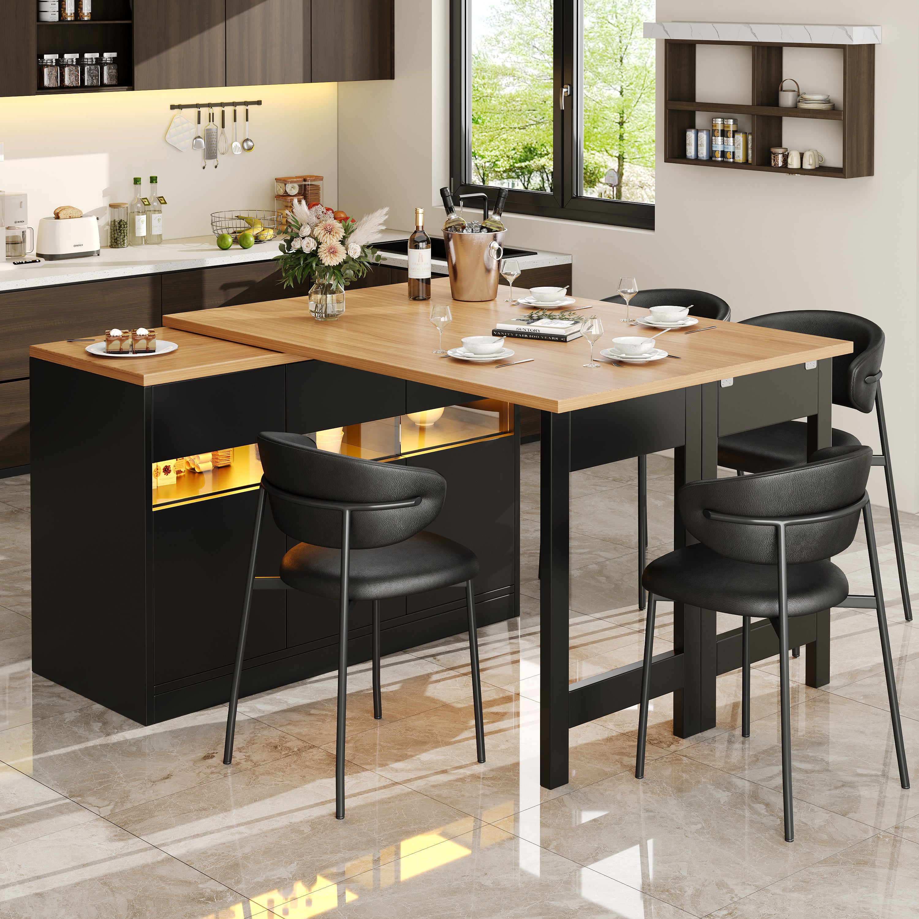 Rozkładany stół jadalny z 3 drzwiami, wyspa kuchenna - 120-180 x 40 x 71,5 cm - diody LED - czarny + naturalny - 2