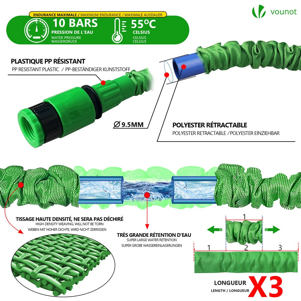 Tuyau Arrosage Extensible VOUNOT 30m - 10 Modes Pulvérisation, Laiton, Anti-fuite, Sac Rangement
