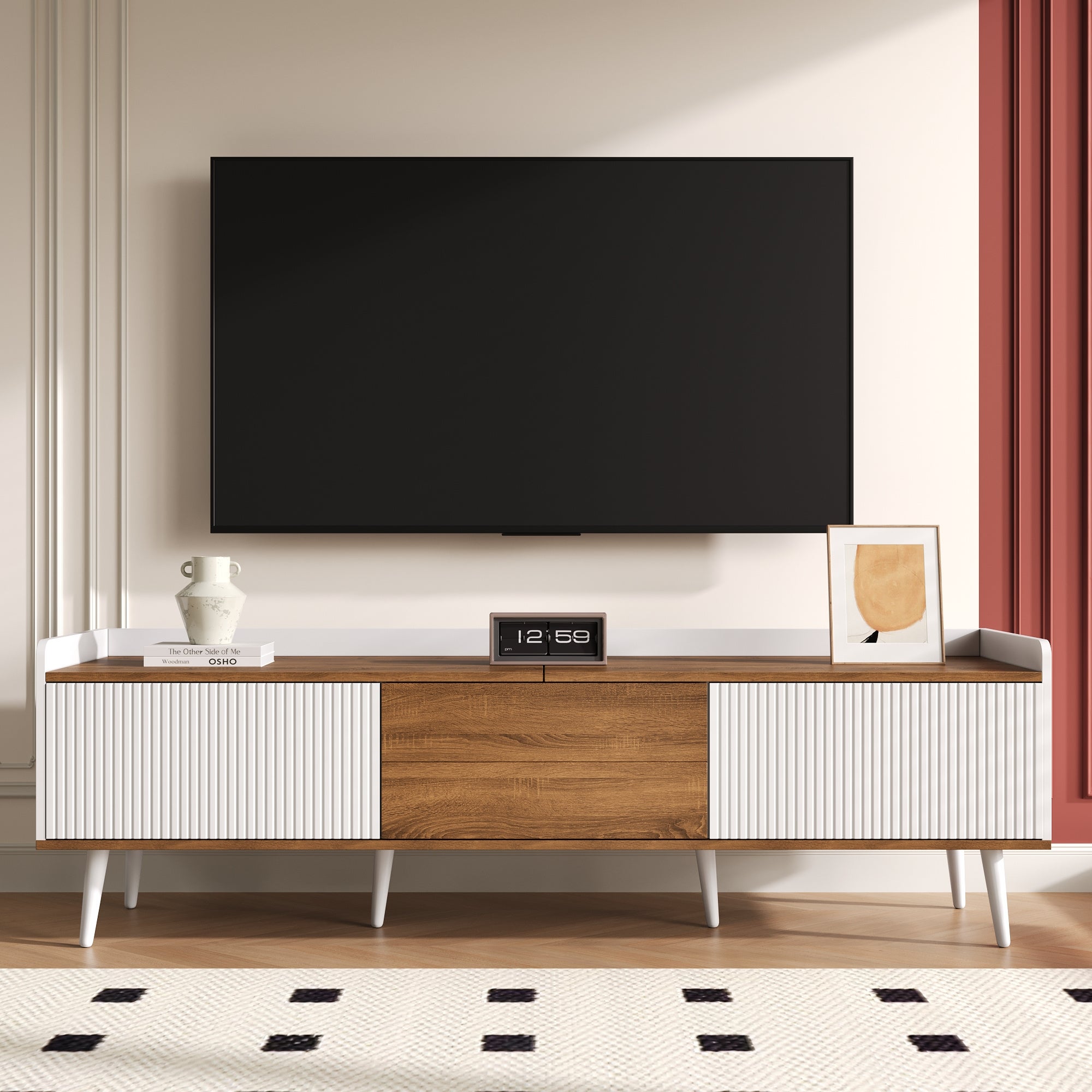 Szafka RTV z 3 drzwiami - 160 x 39 x 49,5 cm - MDF i płyta wiórowa - do salonu - Biały + naturalny