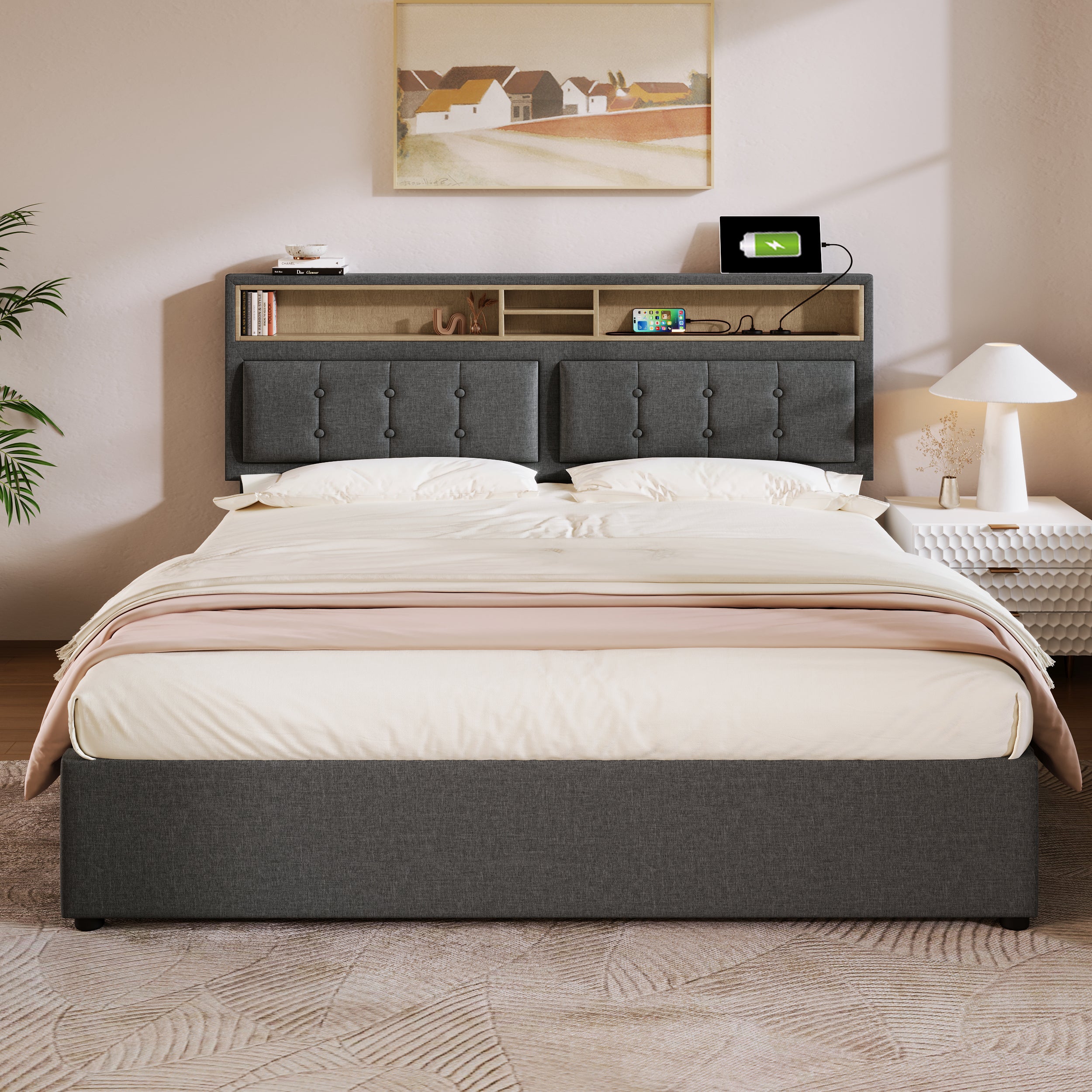 Cama contenedor 160 x 200 cm con cabecero contenedor - USB - tela de lino - gris - 2