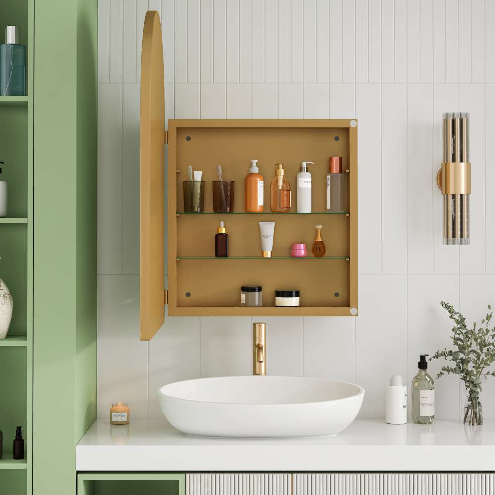 Armoire miroir arquée encastrable avec rangement, cadre métallique, étagères réglables et miroir trempé pour salle de bain moderne - 4
