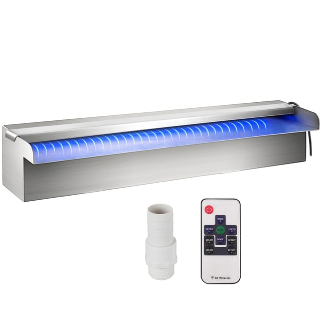 Déversoir à cascade piscine VEVOR 30x11,5x8 cm fontaine chute d'eau de piscine acier inox avec bande LED colorée,connecteur de tuyau,télécommande,