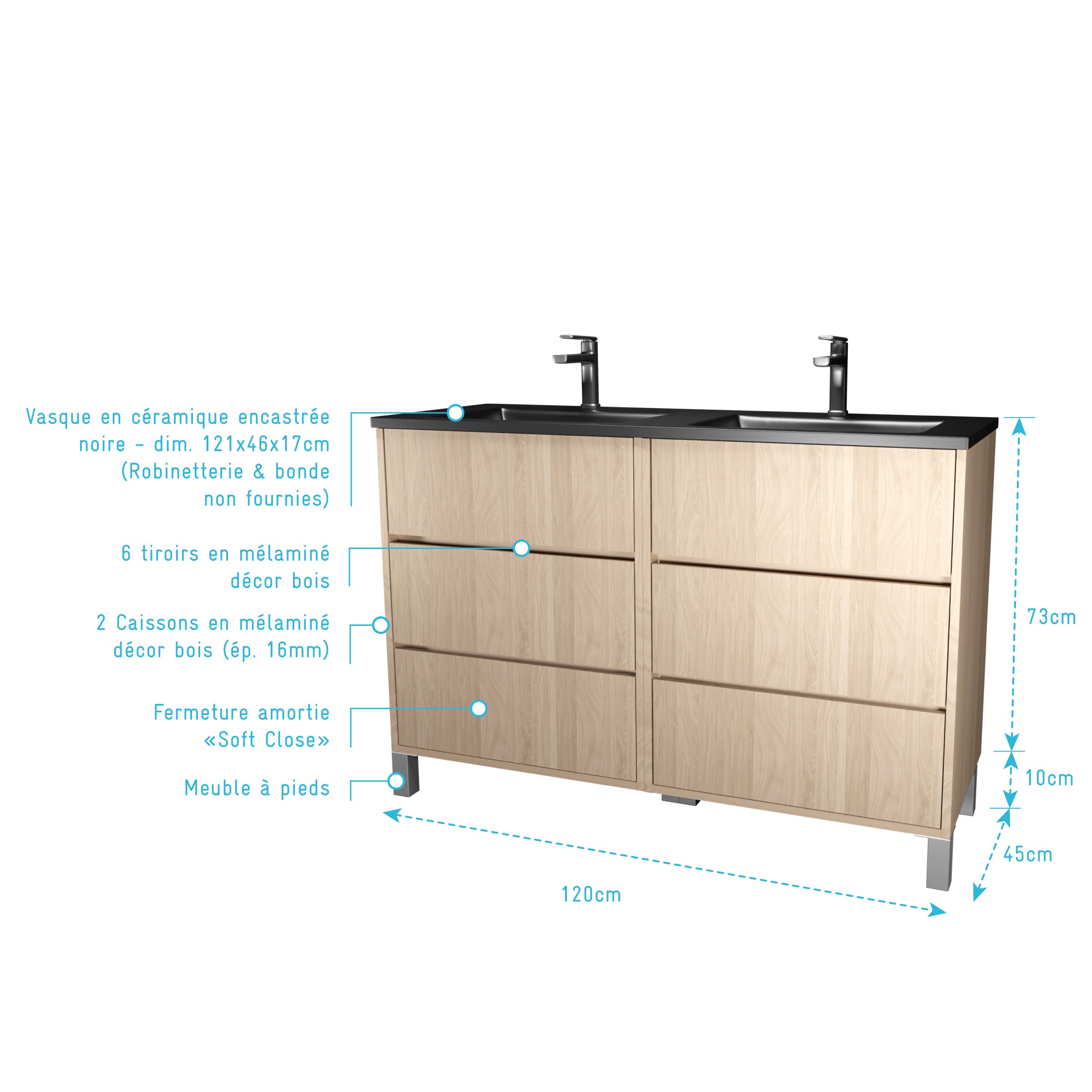Meuble de salle de bains 120 cm 6 Tiroirs Chêne Clair + Vasque Double Céramique Noire - XENOS - 4