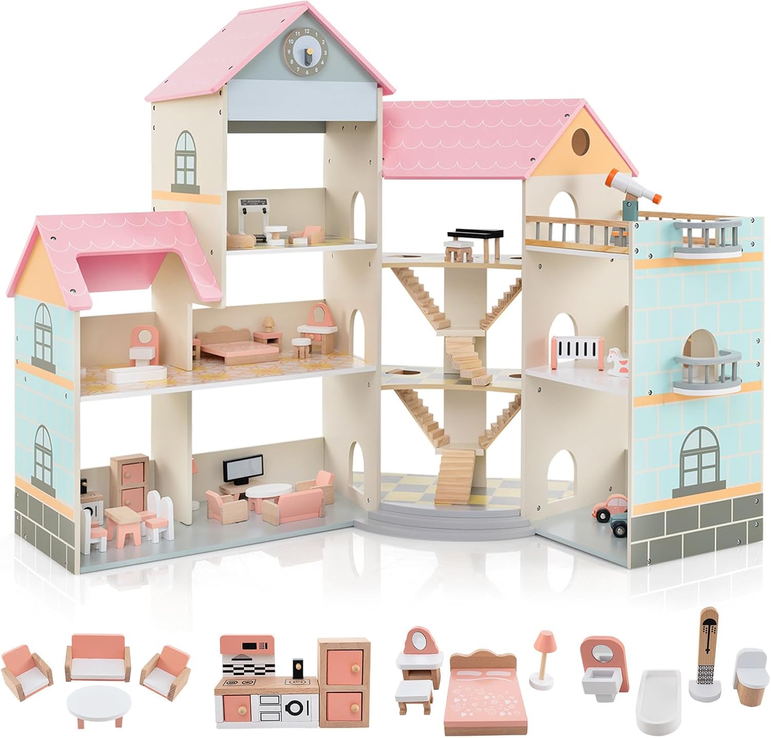 Domek dla Lalek dla Dzieci, z 42 Akcesoriami, Drewniany Domek dla Lalek Dream Corner, Dwupiętrowy o Wysokości 15 cm, dla Dzieci Powyżej 3 Roku Życia