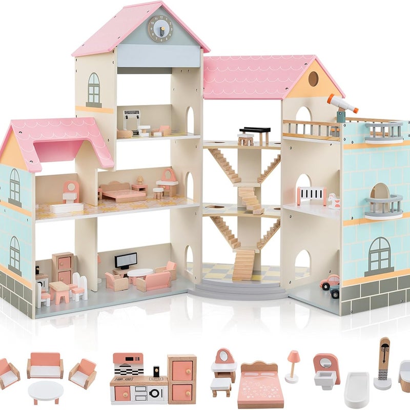 Domek dla Lalek dla Dzieci, z 42 Akcesoriami, Drewniany Domek dla Lalek Dream Corner, Dwupiętrowy o Wysokości 15 cm, dla Dzieci Powyżej 3 Roku Życia