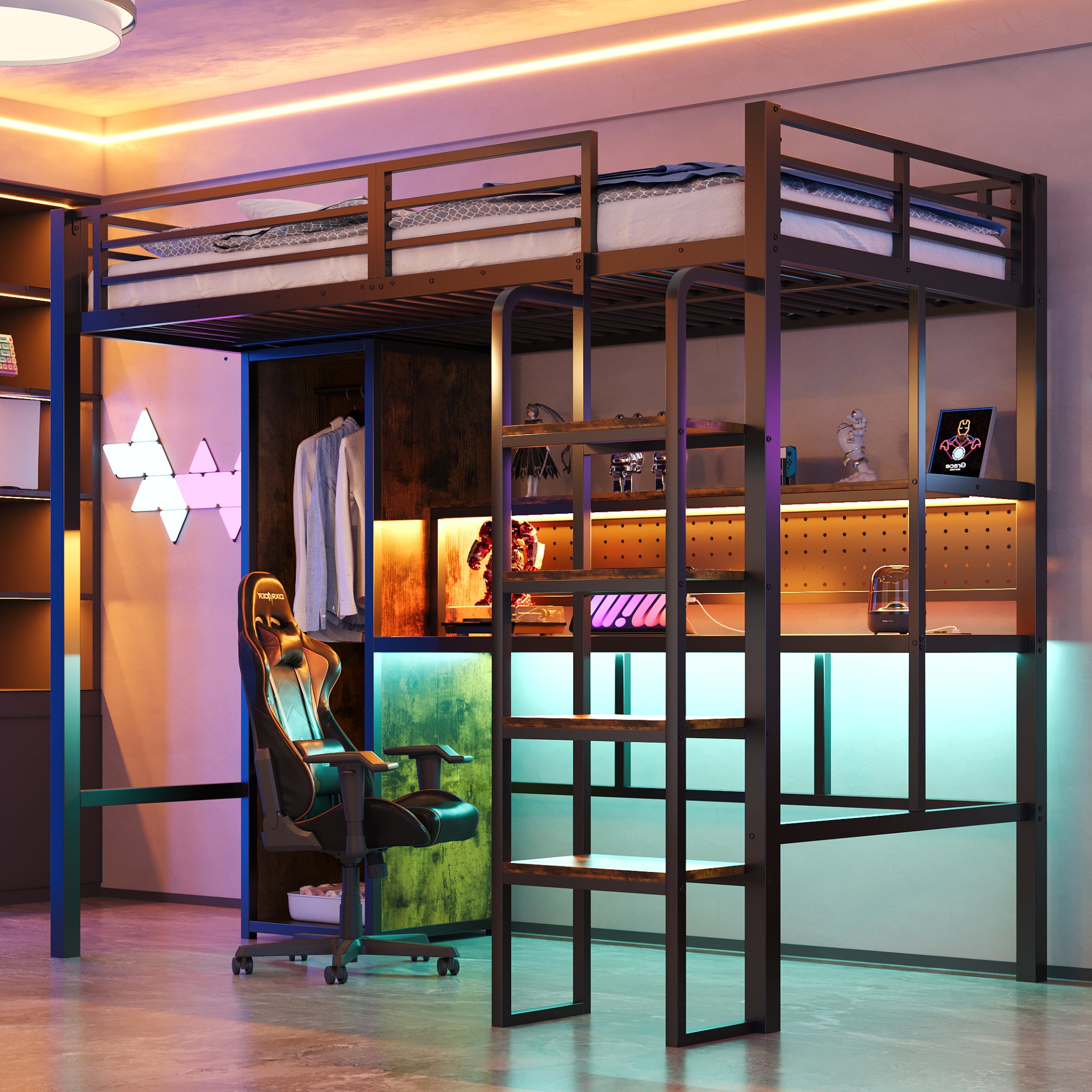 Metalowe łóżko piętrowe 90x200 cm z biurkiem, szafą, półką i wielokolorowym oświetleniem LED, pionowa drabinka – Czarny