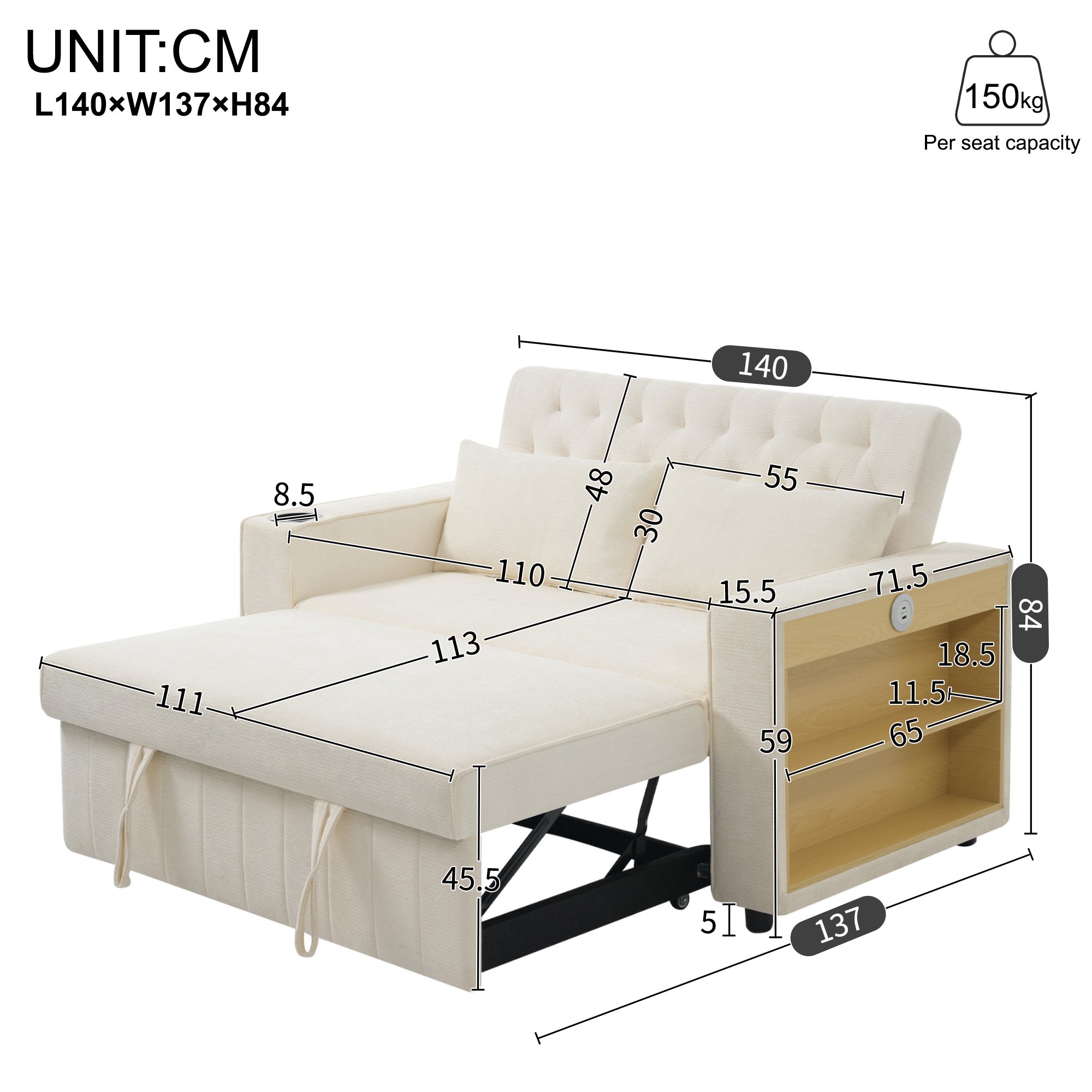 Canapé pliant moderne pour 2 personnes - avec porte-gobelets - avec ports de charge USB - avec coussins - tissu chenille - beige - 6