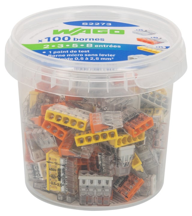 <p>WAGO - Pot de 100 mini bornes de connexion automatique 2, 3, 5 et 8 entrées S2273</p>