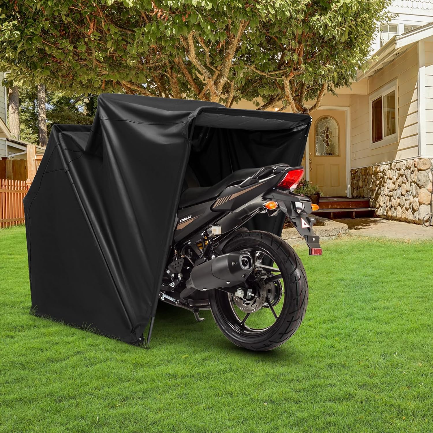 Riparo moto da esterno 342 x 137 x 193 cm, copertina moto impermeabile in tessuto Oxford, finestra di ventilazione, viti di espansione, riparo auto - 9