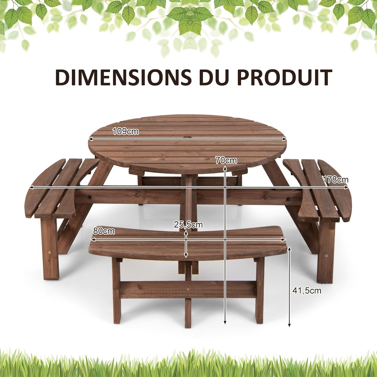 Set Tavolo da Giardino con 4 Panche Integrate, Legno Massiccio, con Foro Ombrellone, per 4-8 Persone, Tavolo Rotondo da Picnic per Esterno, Og - 3