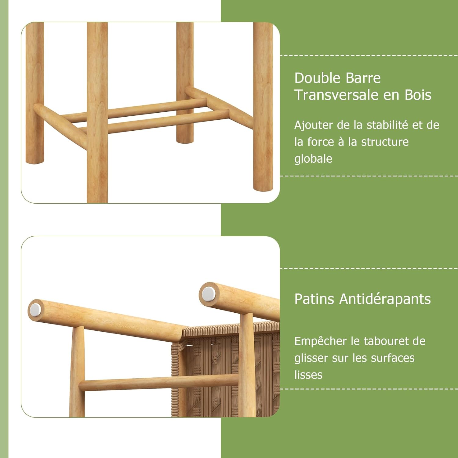 Juego de 2 Taburetes de Bar, Sillas de Comedor, Madera y Papel Trenzado de Bistró con Reposapiés - 8